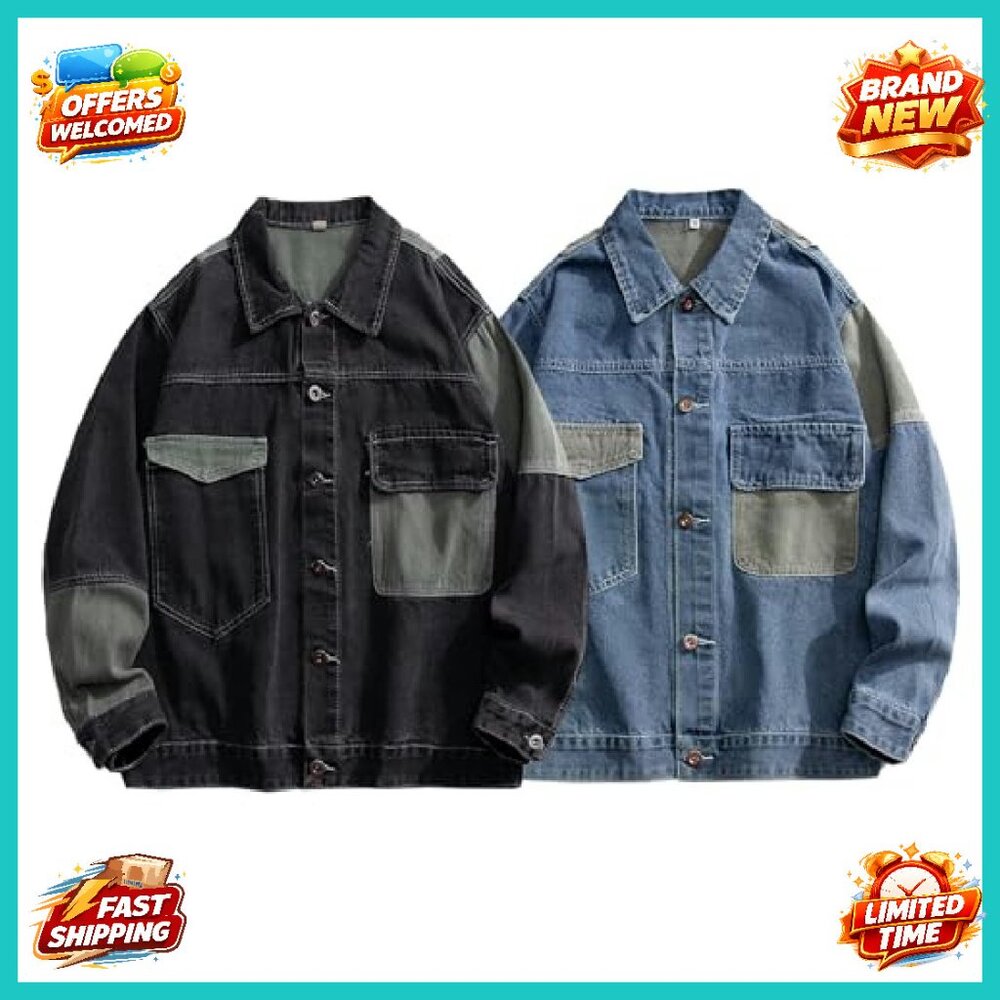Oversized Denim Jacket Mens Patchwork Button Down… - image 6